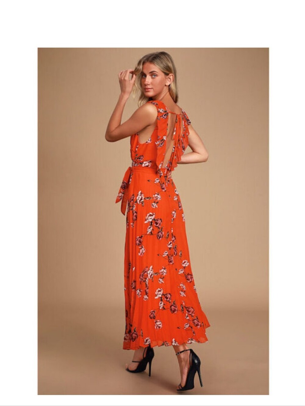 Lulus Loved By You Women’s Red Orange Floral V-Neck Pleated Maxi Dress Small - Picture 3 of 8